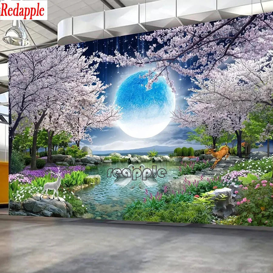 Moon Cherry Blossom Tree Nature Landscape DIY Diamond Embroidery, cross stitch large decor.