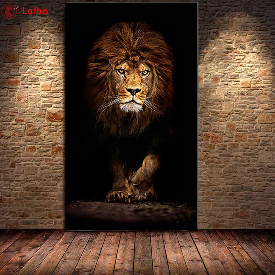 photo custom DIY diamond embroidery Abstract black gold art, Large Wild Lion Animals .