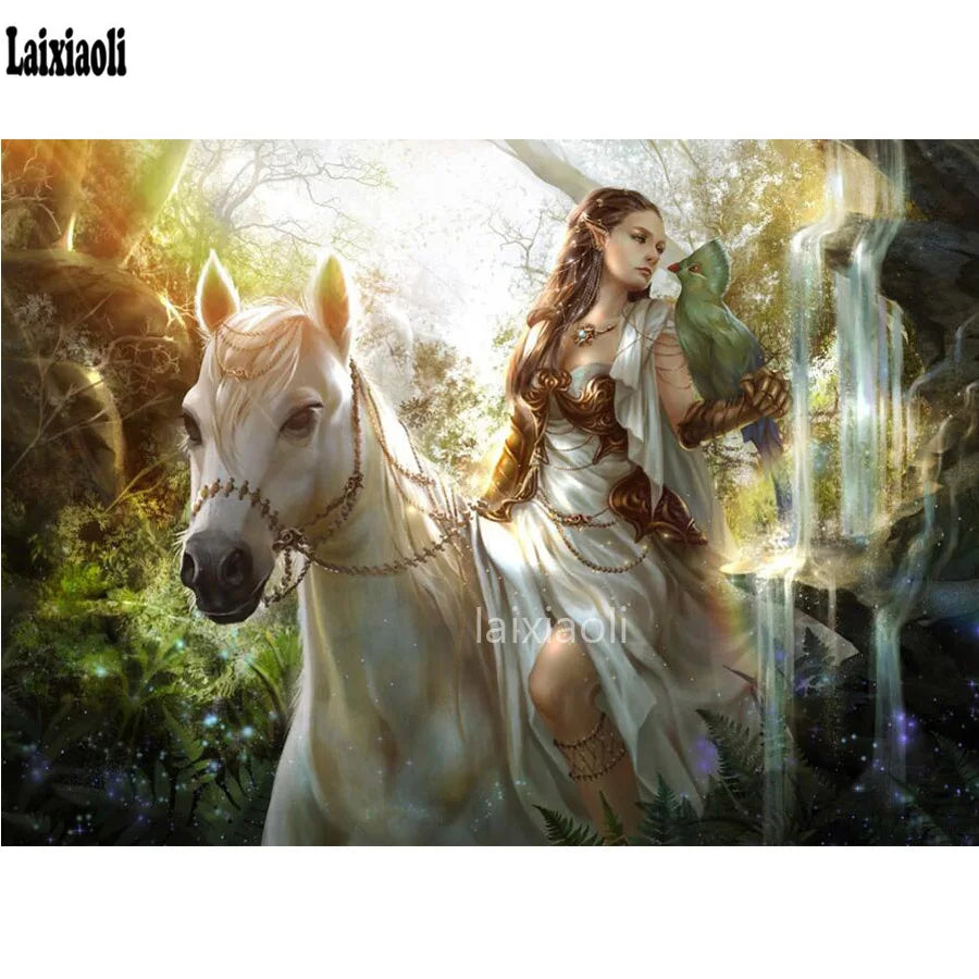 full square drill diamond embroidery girl, bird, horse, art, elf, fantasy, animal.