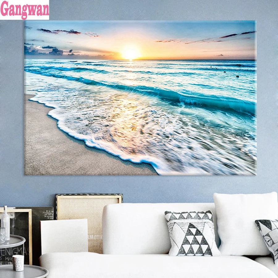 Seaside Sunrise Beach Sea Scenic, DIY 5d diamond painting, cross. stitch diamond embroidery.