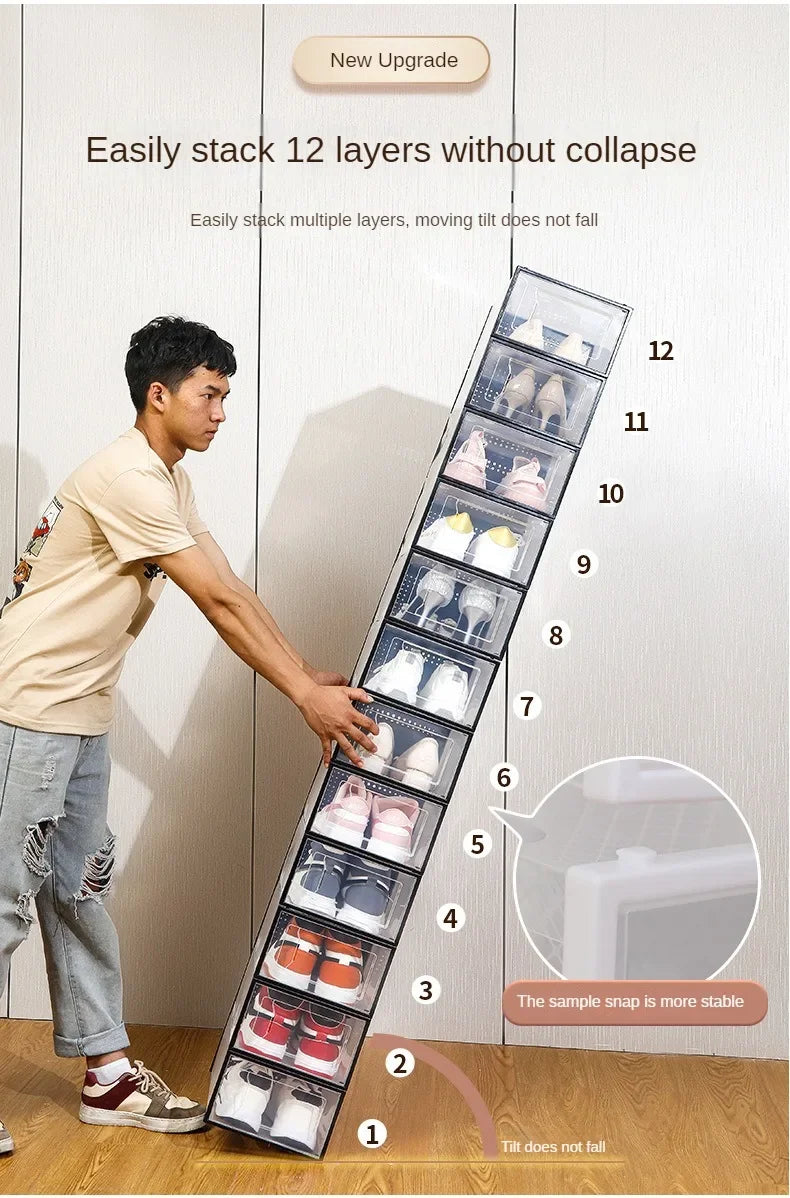 Foldable Clear Plastic Storage Box with Flip Cover Drawer Thick Space Saving Organizer Rack for Shoes Closet Cabinet Bedroom