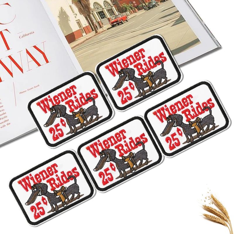 5pcs Wiener Rides 25¢ Funny Dog Iron-On Patches.