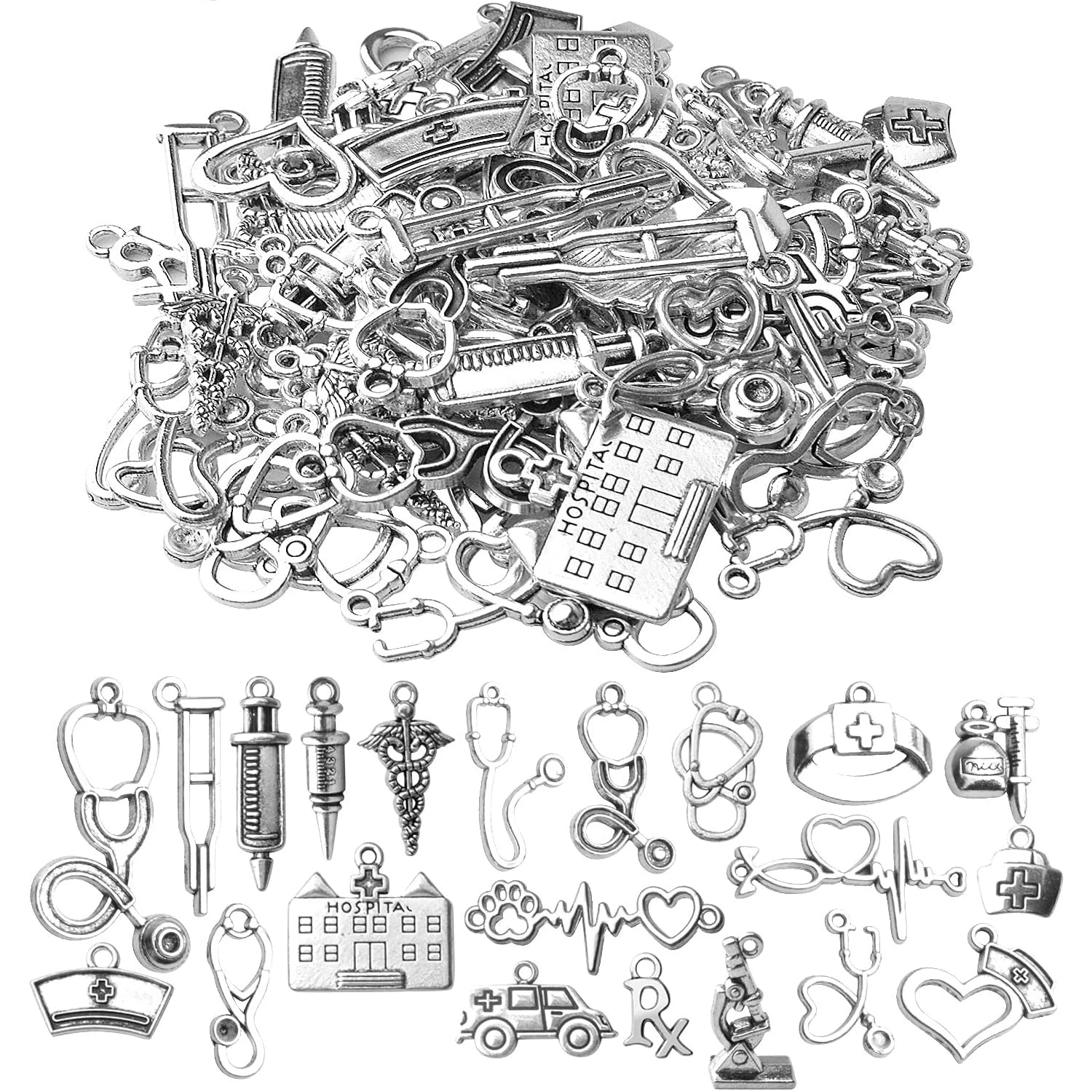 100g Medical Charms Alloy Hospital Charms Stethoscope Syringe Nurse Cap