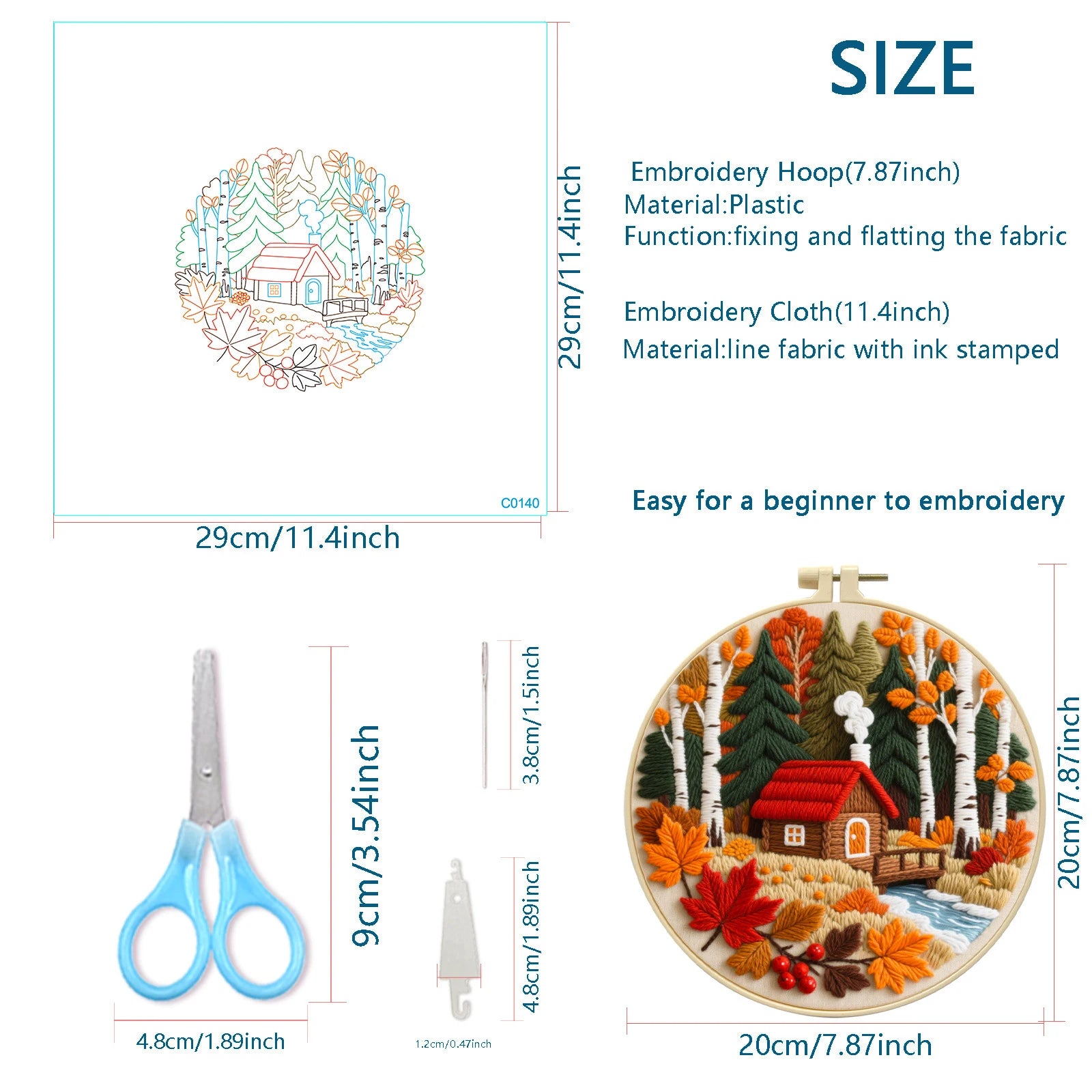 Autumn DIY Embroidery Kit with Embroidery Hoop, Practice Kit for Beginners Craft Lovers Gift