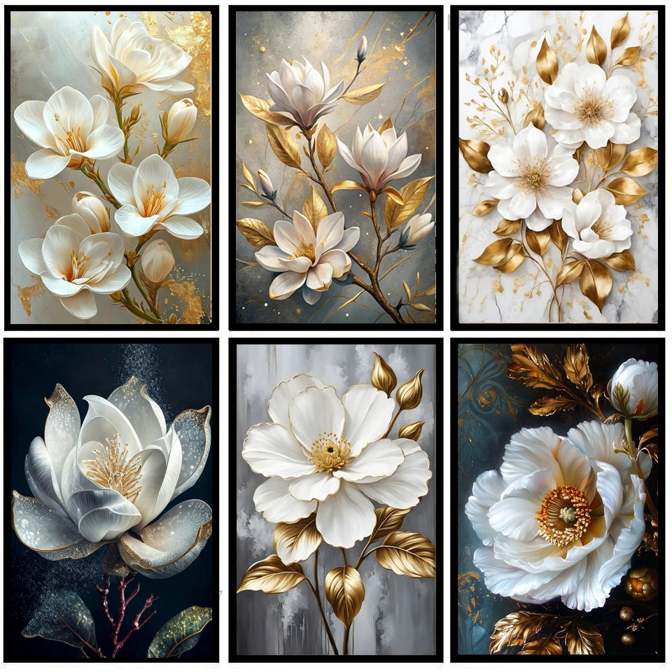 Diamond Embroidery, Diamond Painting Golden White Flowers Picture Golden White Flowers.