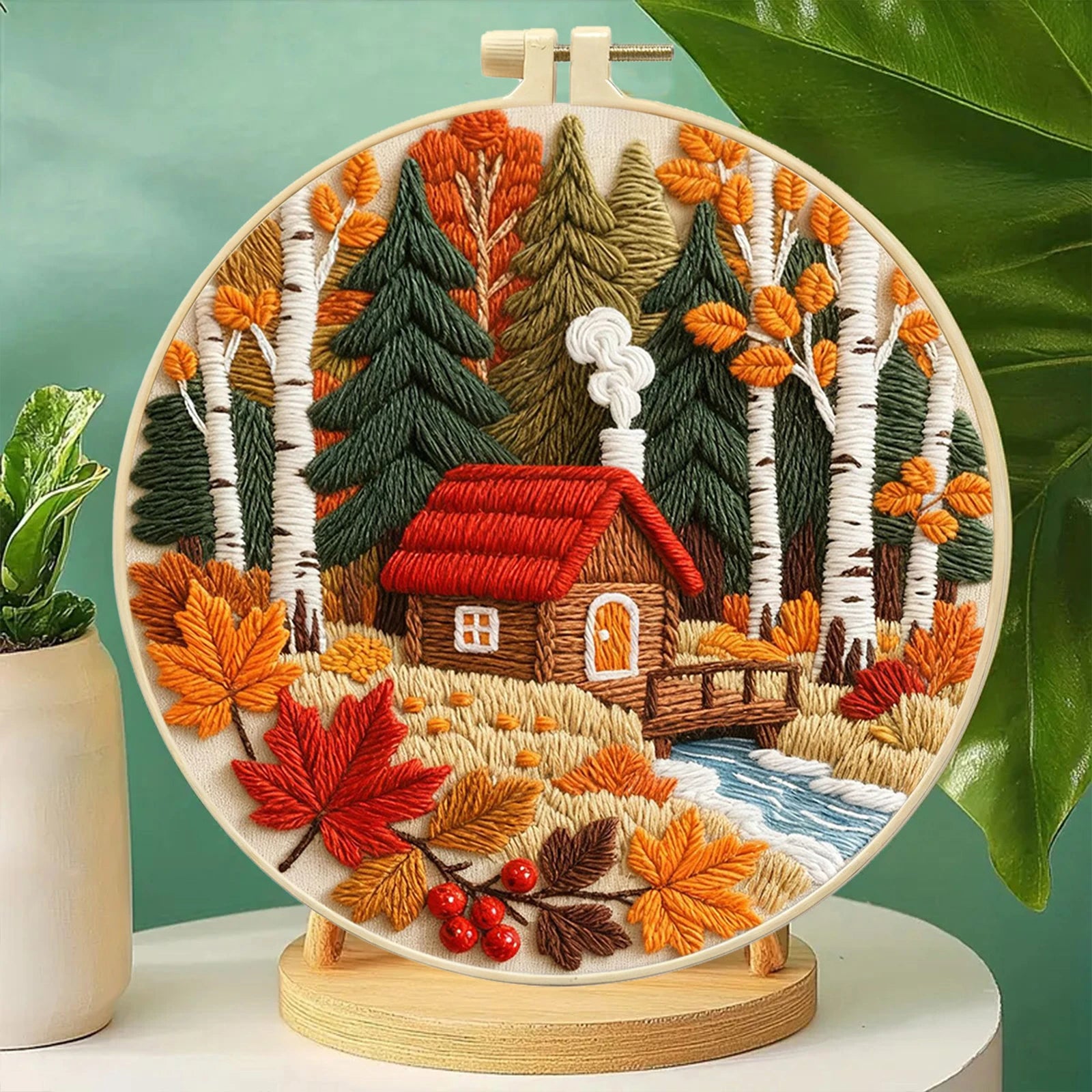 Autumn DIY Embroidery Kit with Embroidery Hoop, Practice Kit for Beginners Craft Lovers Gift