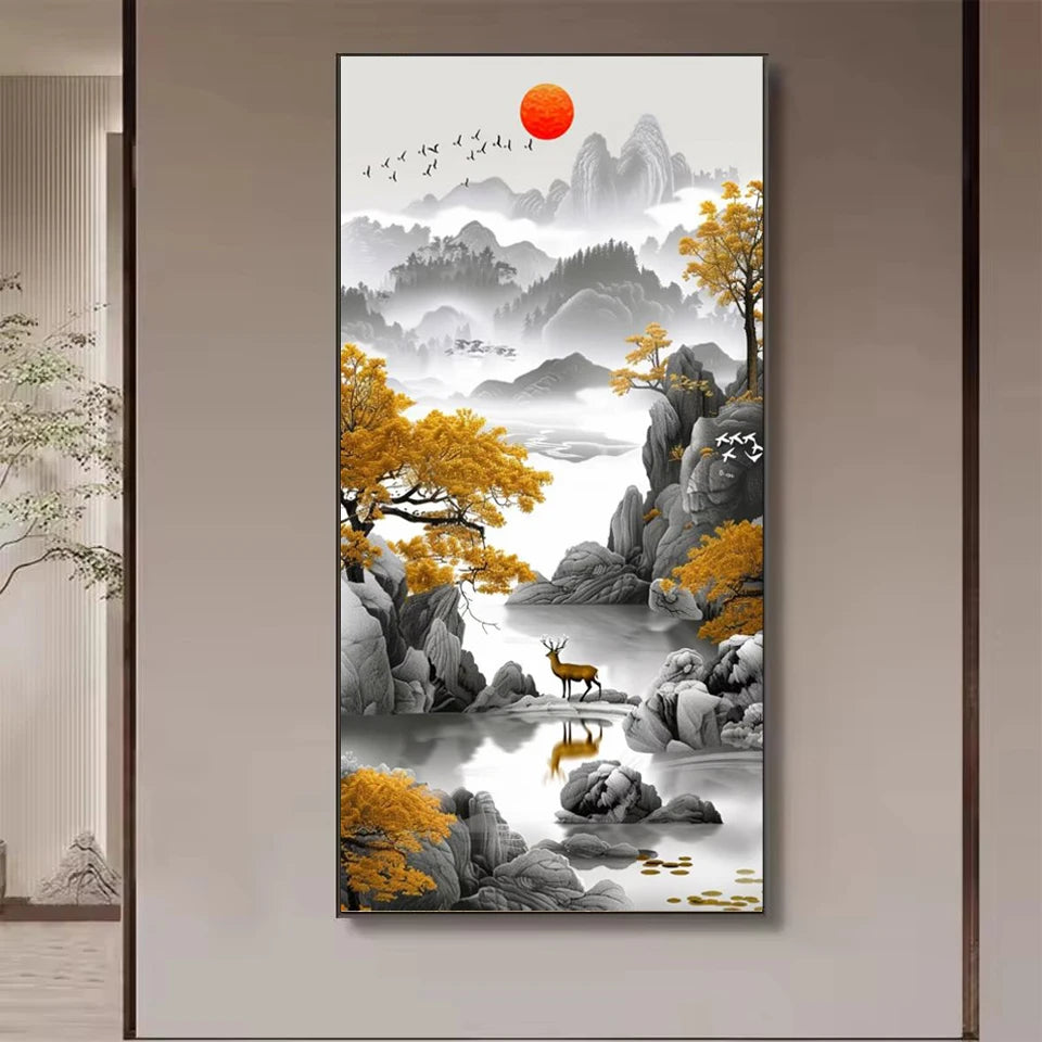 New Arrivals 5D Diamond Painting Art Golden Waterfall Tree Moon Landscape.