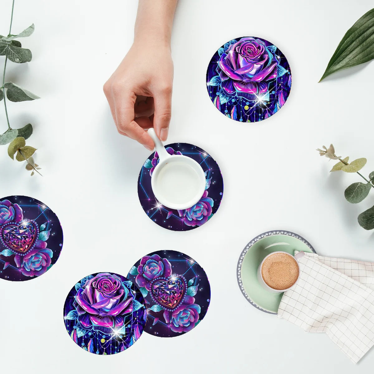 8pcs/Set DIY Diamond Painting Coasters Flowers wood For Drinks Crystal Rhinestones Diamond Art Coasters With Holder