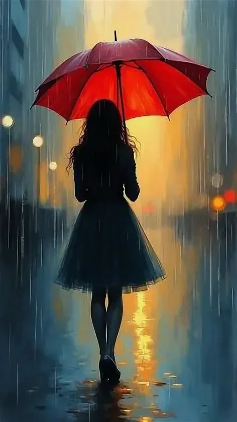 Romantic Rainy Night diamond painting Art Elegant woman Umbrella Street Scene.