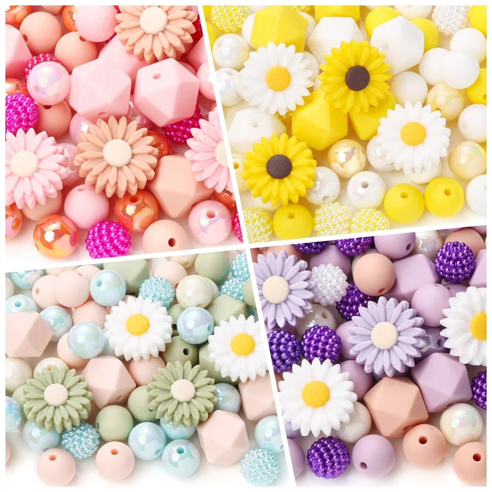 70Pcs Daisy Silicone Bead Set Multi-Shape for Pens Lanyard Keychain Bracelet Making