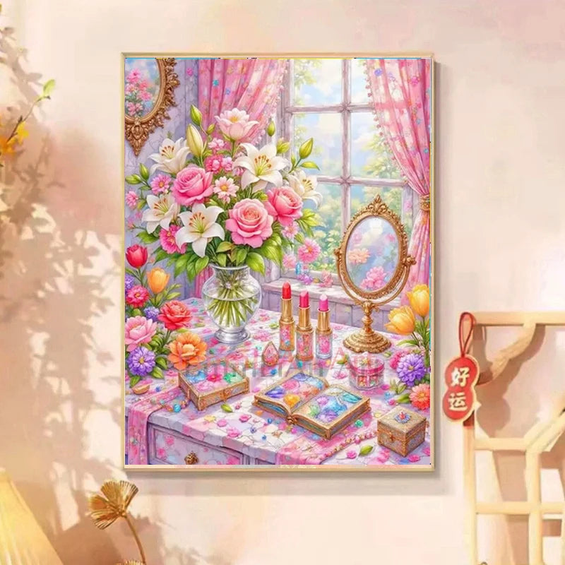 100% Full Fairy Dust Drill Diamond Painting Window Landscape 5D DIY Crystal Diamond Mosaic Art Flower in Vase Bedroom Decor Gift