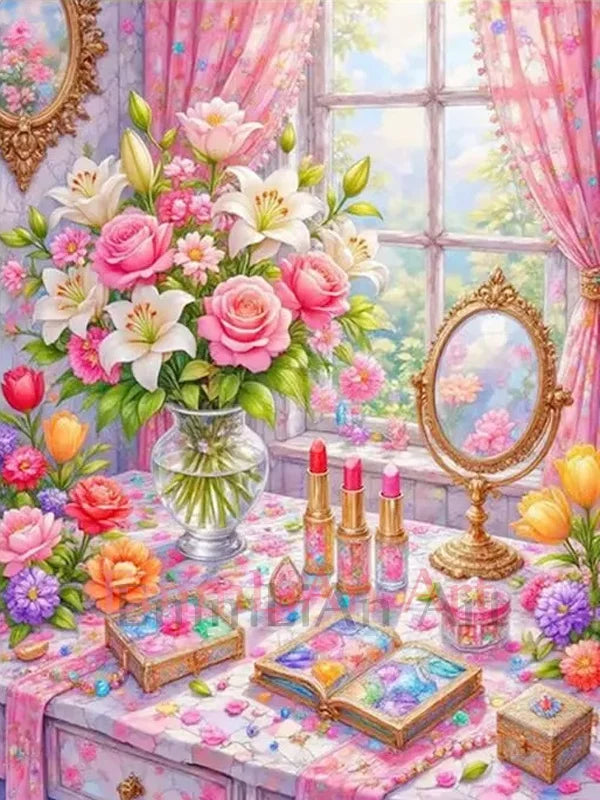 100% Full Fairy Dust Drill Diamond Painting Window Landscape 5D DIY Crystal Diamond Mosaic Art Flower in Vase Bedroom Decor Gift