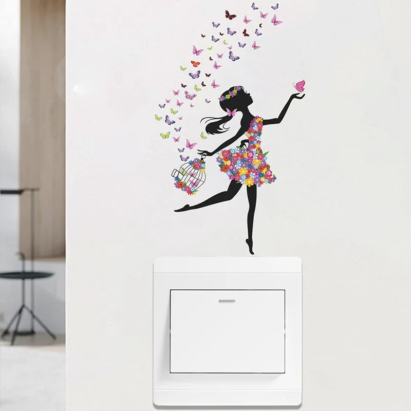 wall stickers switch Butterfly girl children's room, mural Self-adhesive Wall Decals