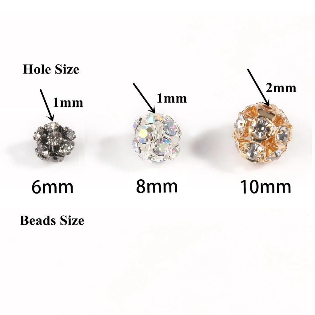 50pc/Lot 6mm 8mm 10mm AB Color  Rhinestone Ball Shape Loose Beads Metal Crystal Beads