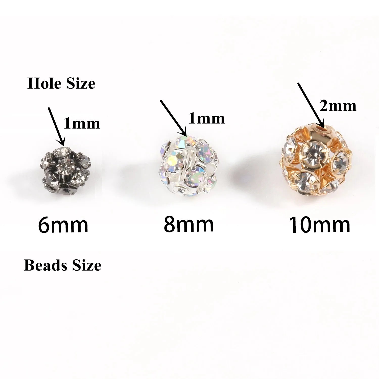 50pc/Lot 6mm 8mm 10mm AB Color  Rhinestone Ball Shape Loose Beads Metal Crystal Beads