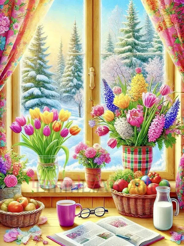 100% Full Fairy Dust Drill Diamond Painting Window Landscape 5D DIY Crystal Diamond Mosaic Art Flower in Vase Bedroom Decor Gift