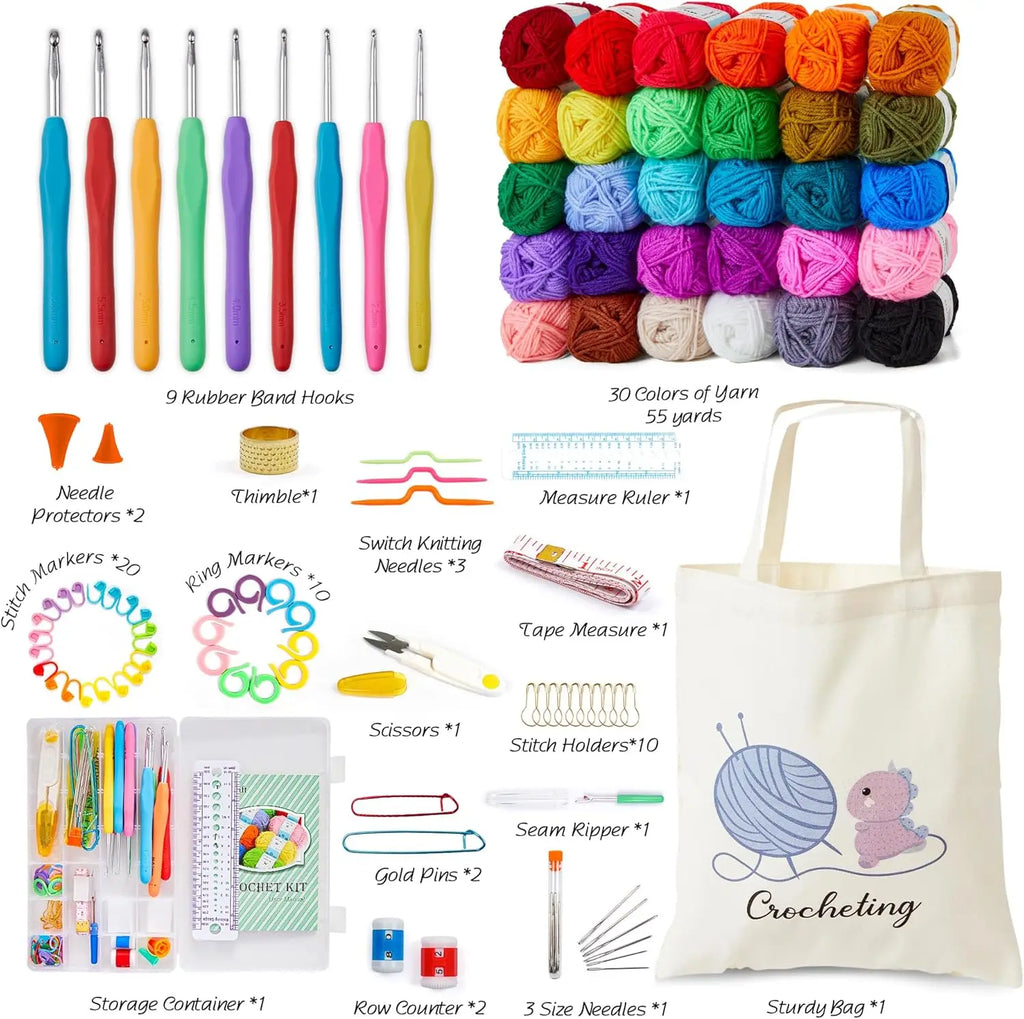 Beginner Crochet Kit with 30 Yarn Skeins, Hooks Set & Tote Bag - Perfect Starter Pack for All Ages