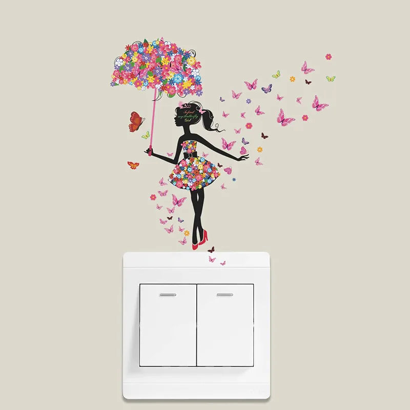 wall stickers switch Butterfly girl children's room, mural Self-adhesive Wall Decals
