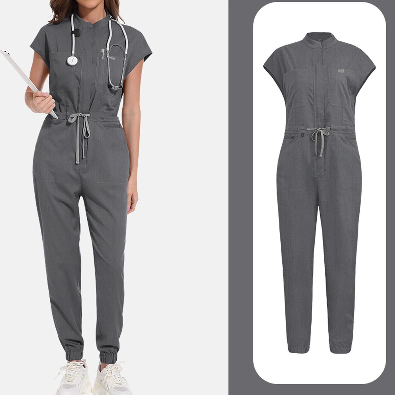Women's Nurse Jumpsuit Stand Collar Sleeveless Multi-Color Drawstring