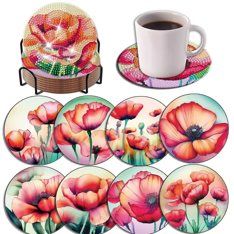 8pc/Sets DIY Diamond Art Coaster Kits for Adults, Kids and Beginners.