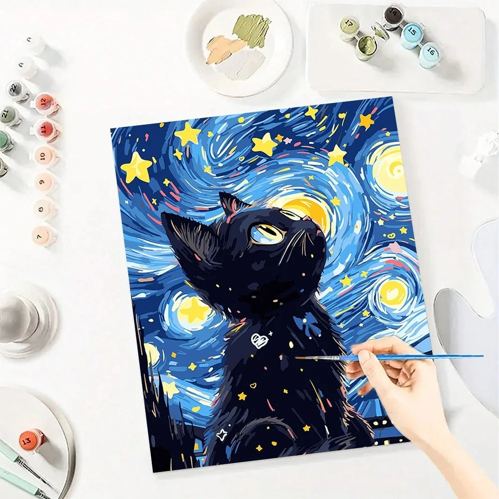 Cat in Van Gogh Starry Night Diy Art Paint By Numbers