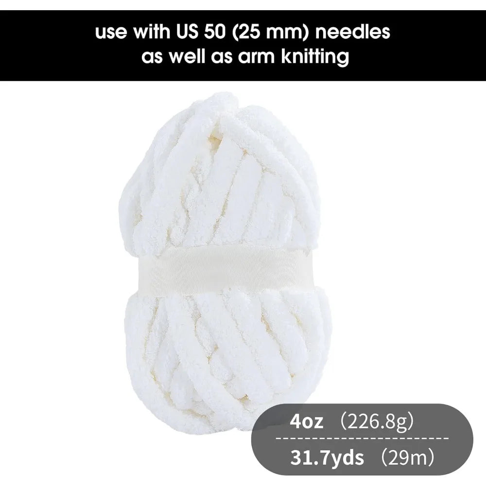 Super Bulky White Chenille Yarn for Crocheting and Knitting, Thick Fluffy Yarn for Handmade Knitted Blankets, Soft and Cozy