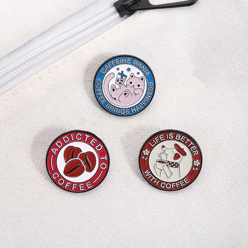 Coffee Brings Happiness Enamel Pin Kittens Puppies And Coffee Beans Brooch Lapel Metallic Pins Badge Jewelry Accessory