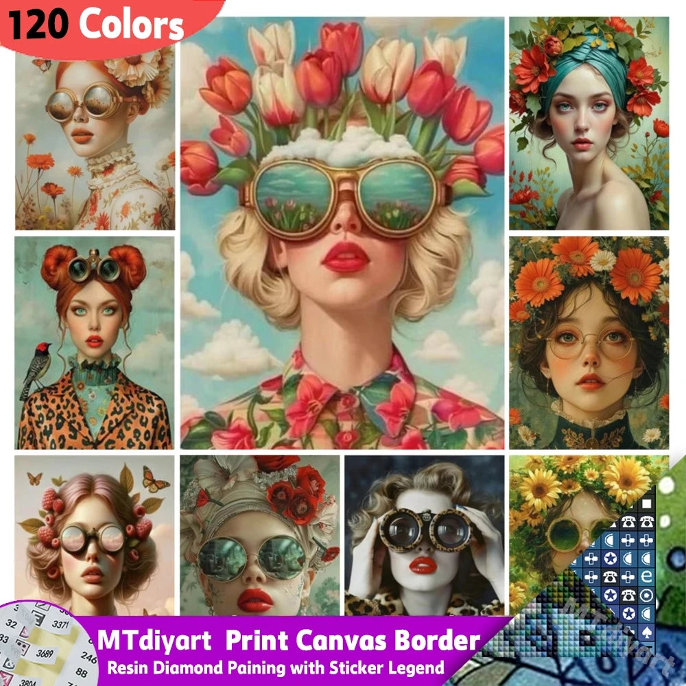 120 Colors Resin DIY Diamond Painting Beautiful Woman with Glasses Flower with Sticker.
