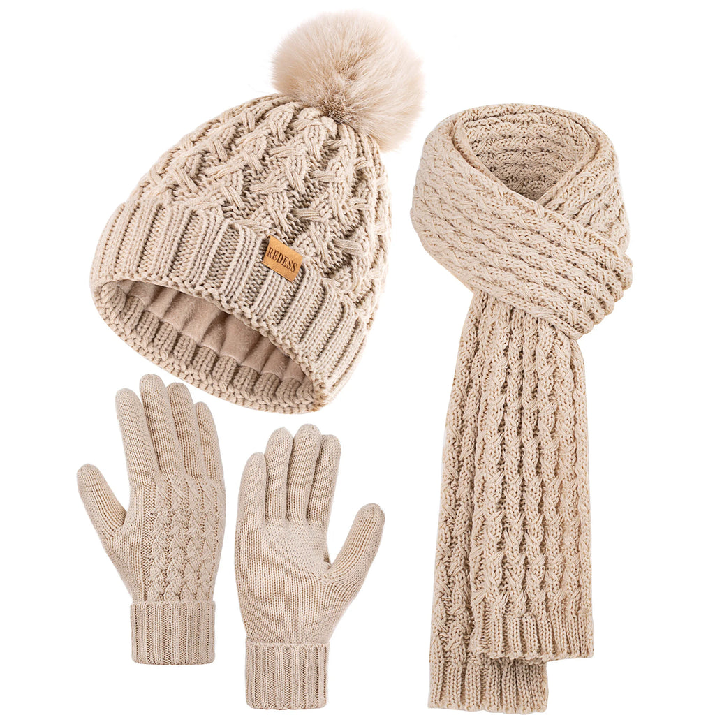 Womens Winter Beanie Hat Touchscreen Gloves Long Neck Scarf Set