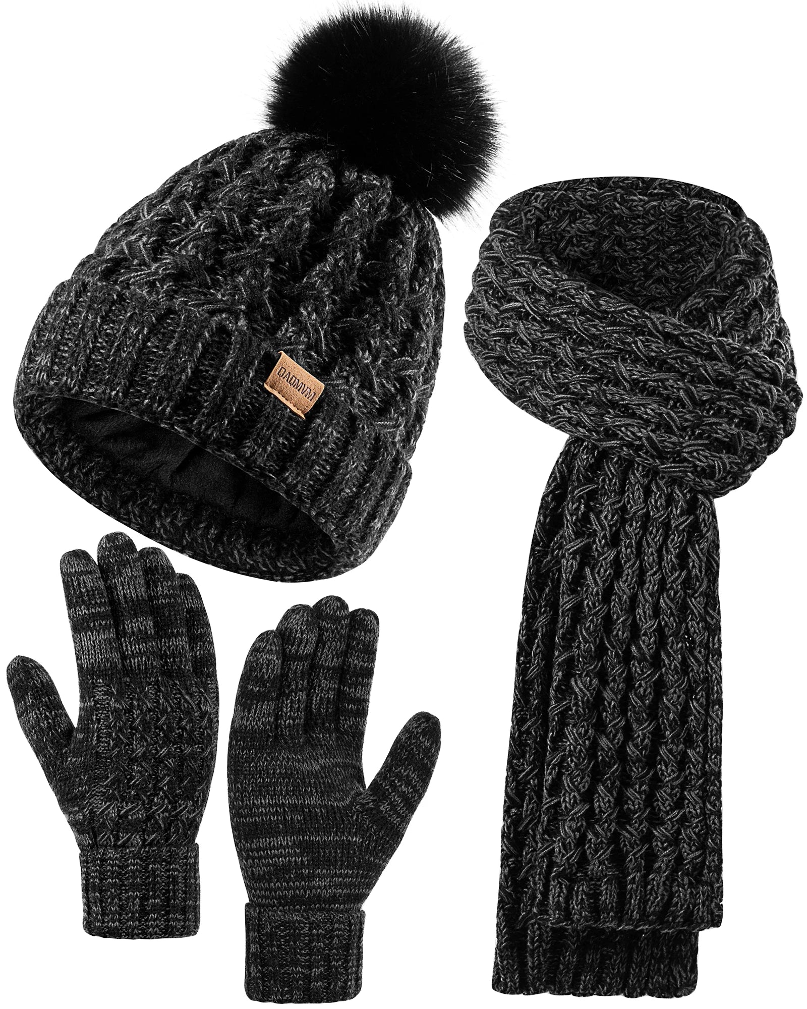 Womens Winter Beanie Hat Touchscreen Gloves Long Neck Scarf Set