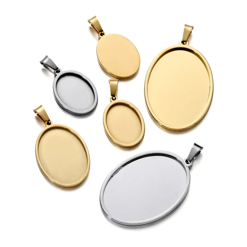 5pcs Stainless Steel Oval Pendant Cabochon Base Setting Tray Blank