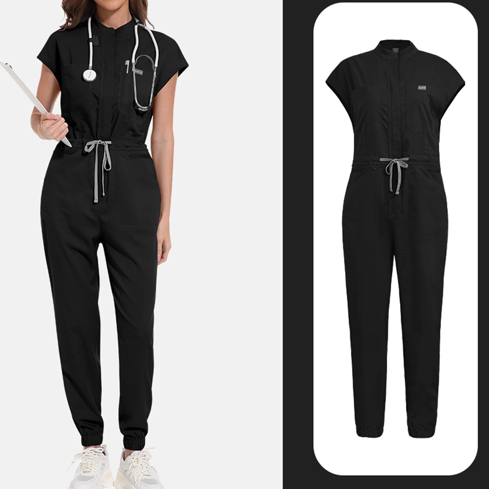 Women's Nurse Jumpsuit Stand Collar Sleeveless Multi-Color Drawstring