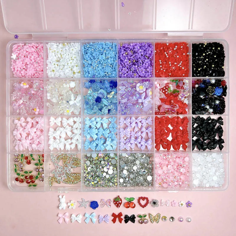 Mixed Nail Art Charms Set with Ribbons, Bows, Flowers, Cherry, Strawberry & Metal Butterflies - DIY Nail Decorations Accessories