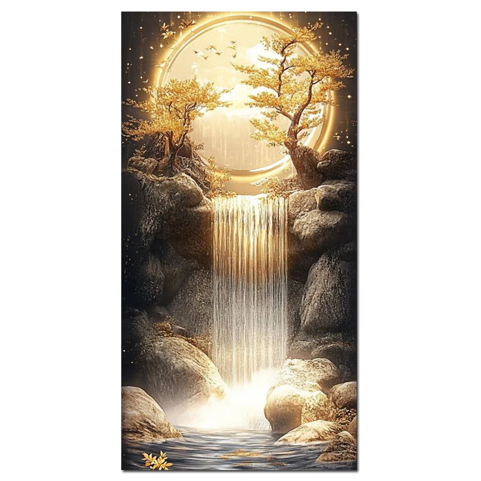 New Arrivals 5D Diamond Painting Art Golden Waterfall Tree Moon Landscape.