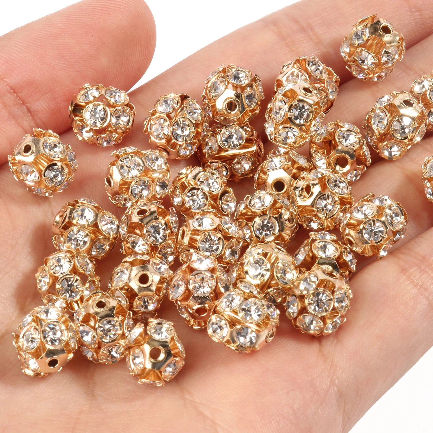 50pc/Lot 6mm 8mm 10mm AB Color  Rhinestone Ball Shape Loose Beads Metal Crystal Beads