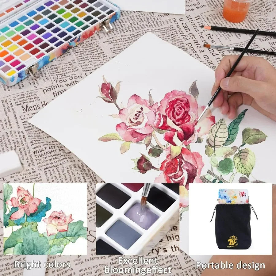 100 Colors Watercolor Paint Set for Students and Artists Ideal for Beginners and Amateurs Includes Coloring Sheets Black Dual T
