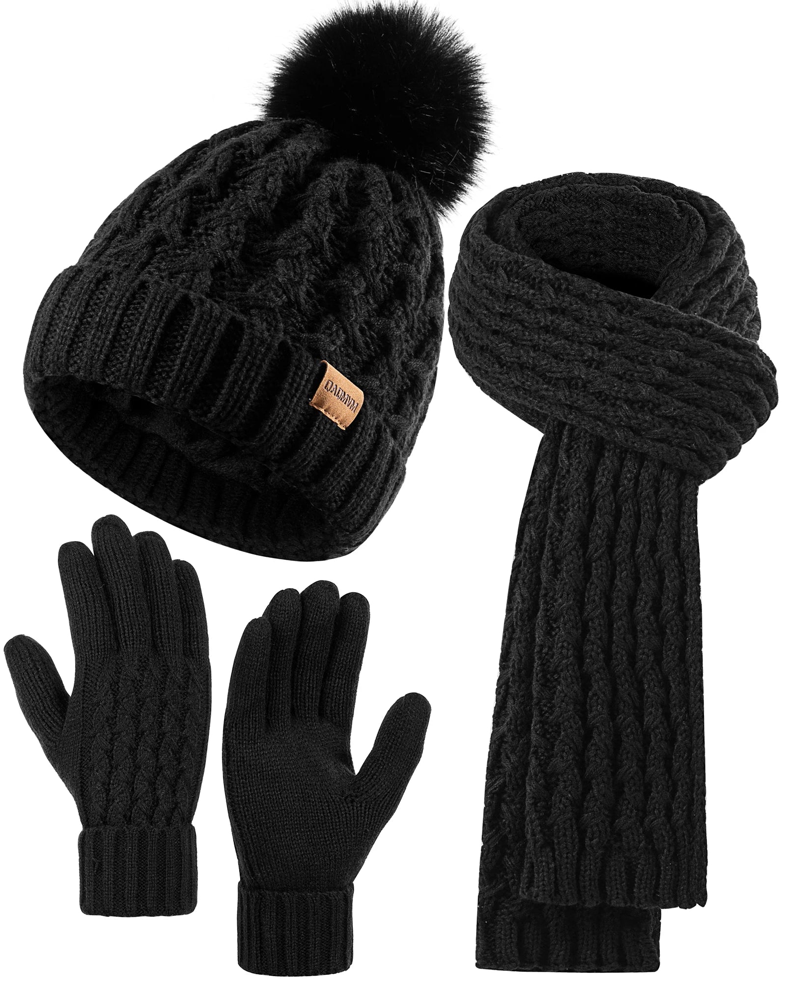 Womens Winter Beanie Hat Touchscreen Gloves Long Neck Scarf Set