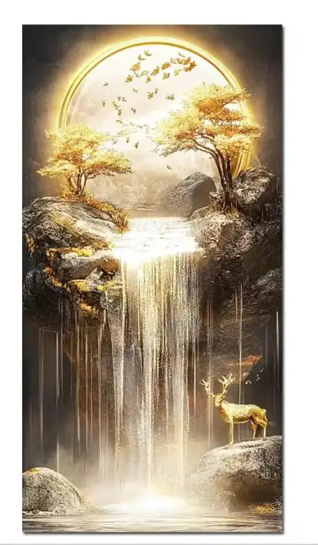 New Arrivals 5D Diamond Painting Art Golden Waterfall Tree Moon Landscape Picture Full Diamond Mosaic Embroidery Rhinestone