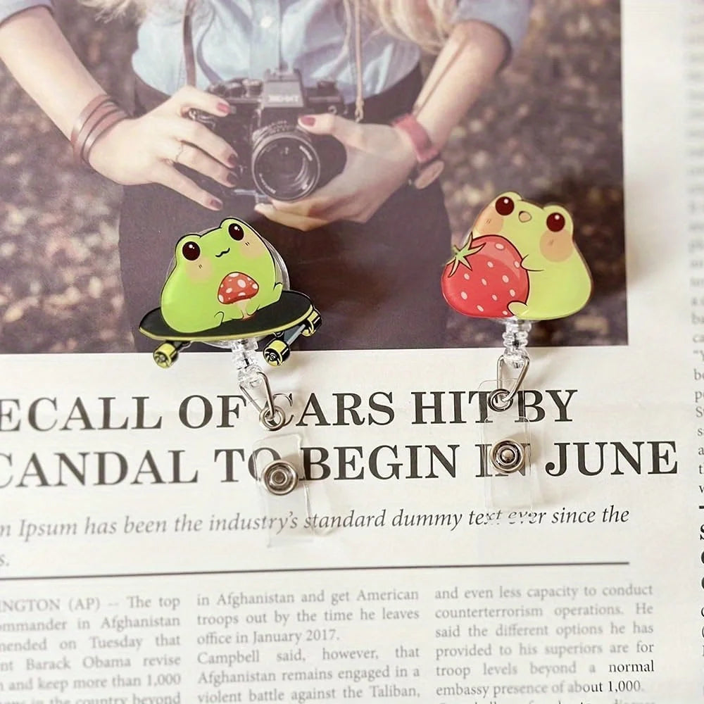 Frog & Mushroom Badge Reel. Cute retractable ID clip for nurses, doctors & office workers.