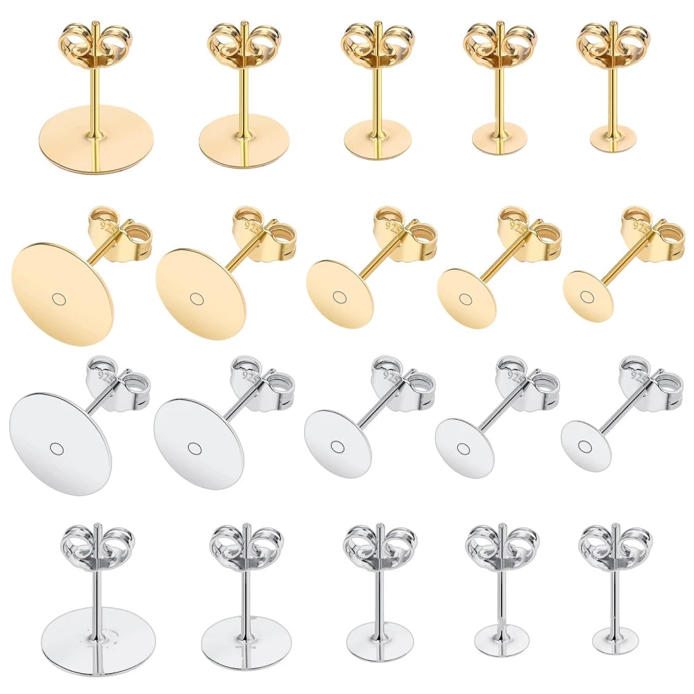 50pcs/Bag 925 Silver Stainless Steel Earring Studs Blank Post Base Pins With Earring Plug