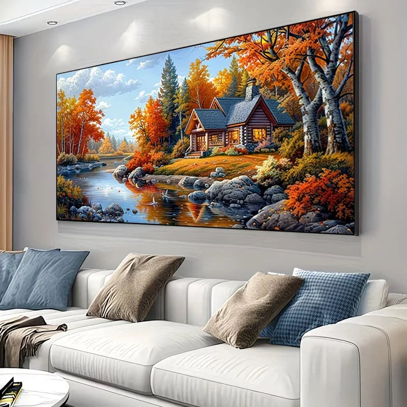 Peaceful Cottage River Landscape DIY Diamond Painting Cross Stitch