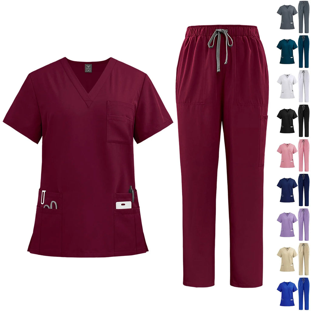 Women's solid color nurse uniform quick-drying fabric v-neck short-sleeved trousers suit multi-pocket nursing uniform suit