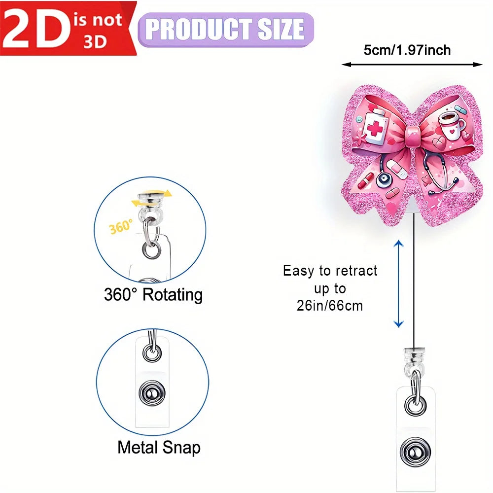 Pink Stethoscope Badge Reel - 2D doctor-themed ID clip for nurses, doctors, and medical staff.