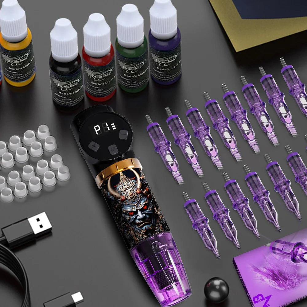 Tattoo Pen Set, 1500mAh Battery USB Charging, 20 Needles, 11-color 20 Tattoo Cups,