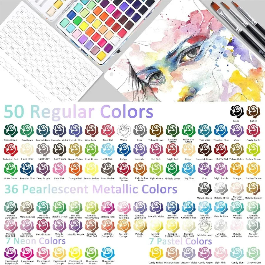 100 Colors Watercolor Paint Set for Students and Artists Ideal for Beginners and Amateurs Includes Coloring Sheets Black Dual T