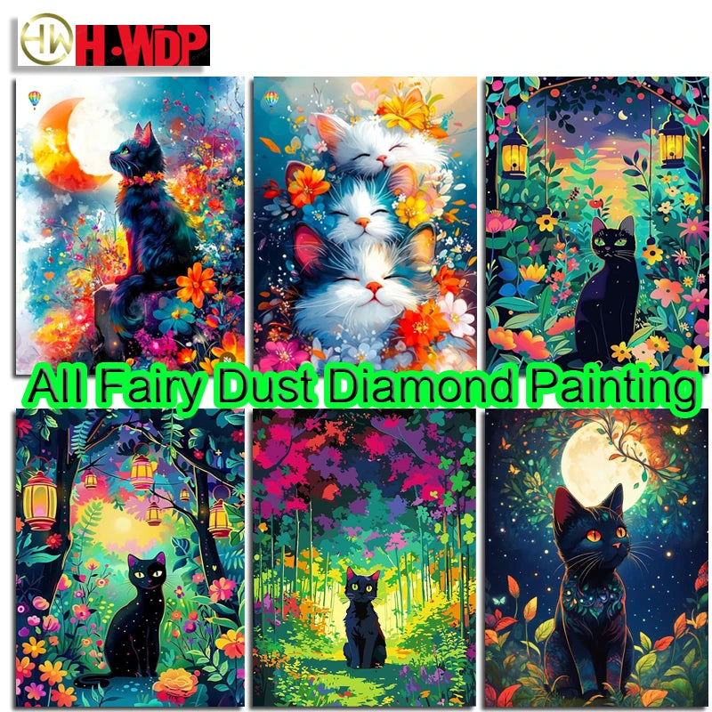 100% Fairy Dust Diamond Painting Kits Black Cat Square Diamond Embroidery