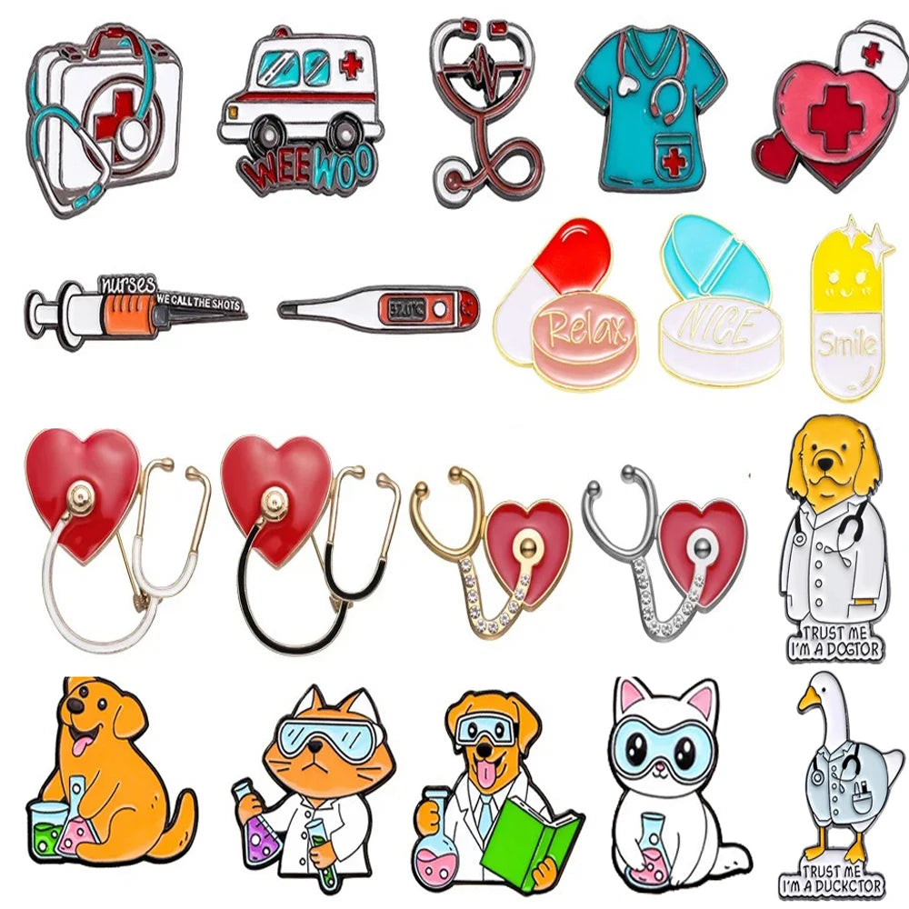 Stethoscope First Aid kit Cat Nurse Dog Doctor Animal Patient Medical Badge  Metal Pin