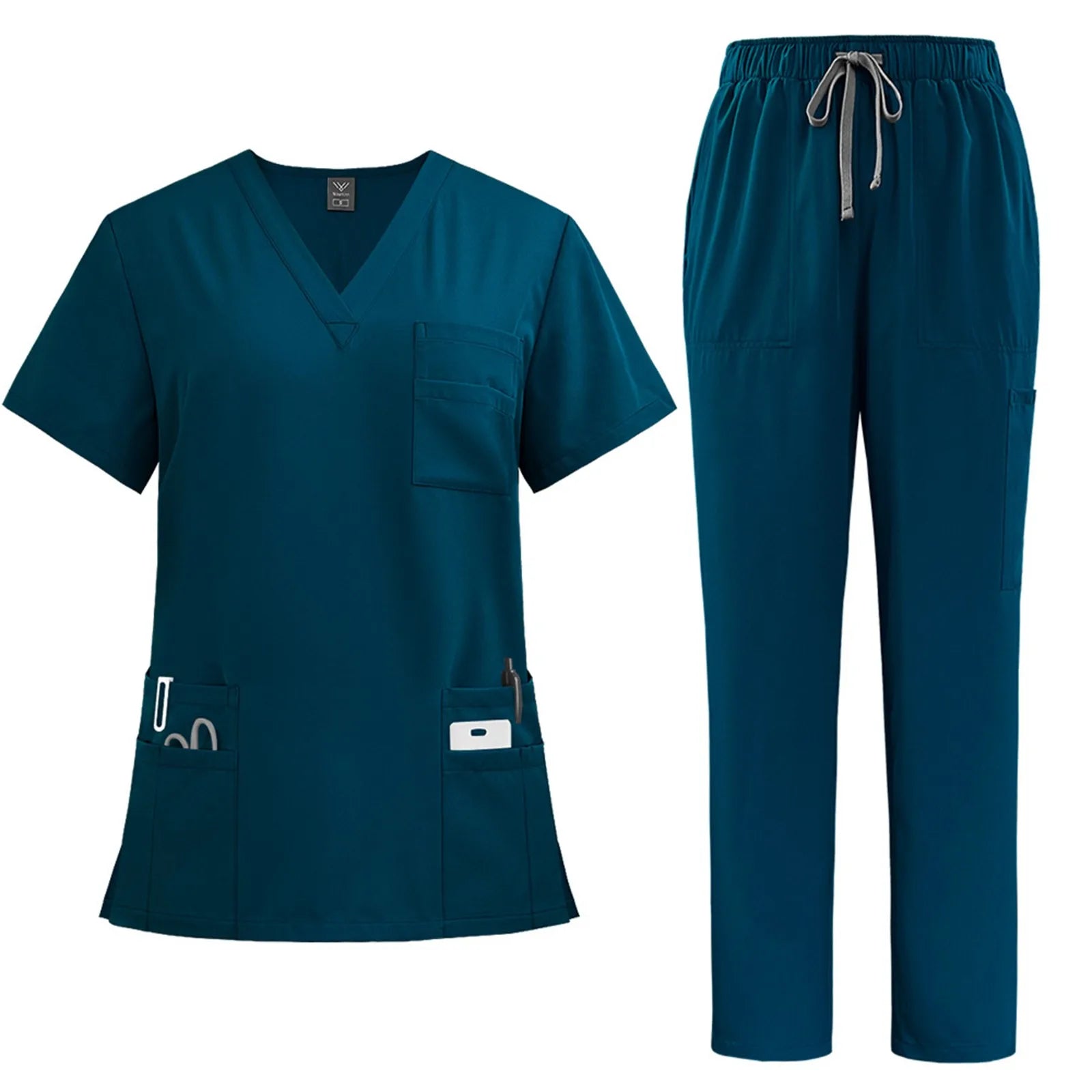 Women's solid color nurse uniform quick-drying fabric v-neck short-sleeved trousers suit multi-pocket nursing uniform suit