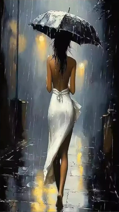 Romantic Rainy Night diamond painting Art Elegant woman Umbrella Street Scene.