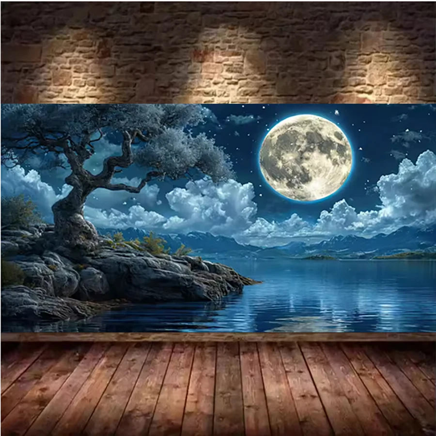 Moon Lake Scenery Large Size 5D DIY Diamond Painting Sea Trees Landscape Cross Stitch.